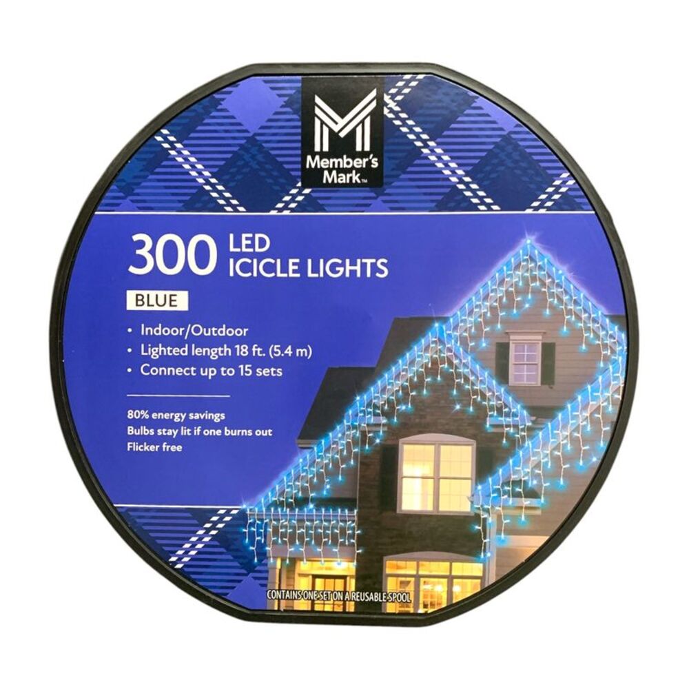 Blue - Member's Mark LED Icicle Lights, 300 Count, 18' Lighted Length, Flicker-F